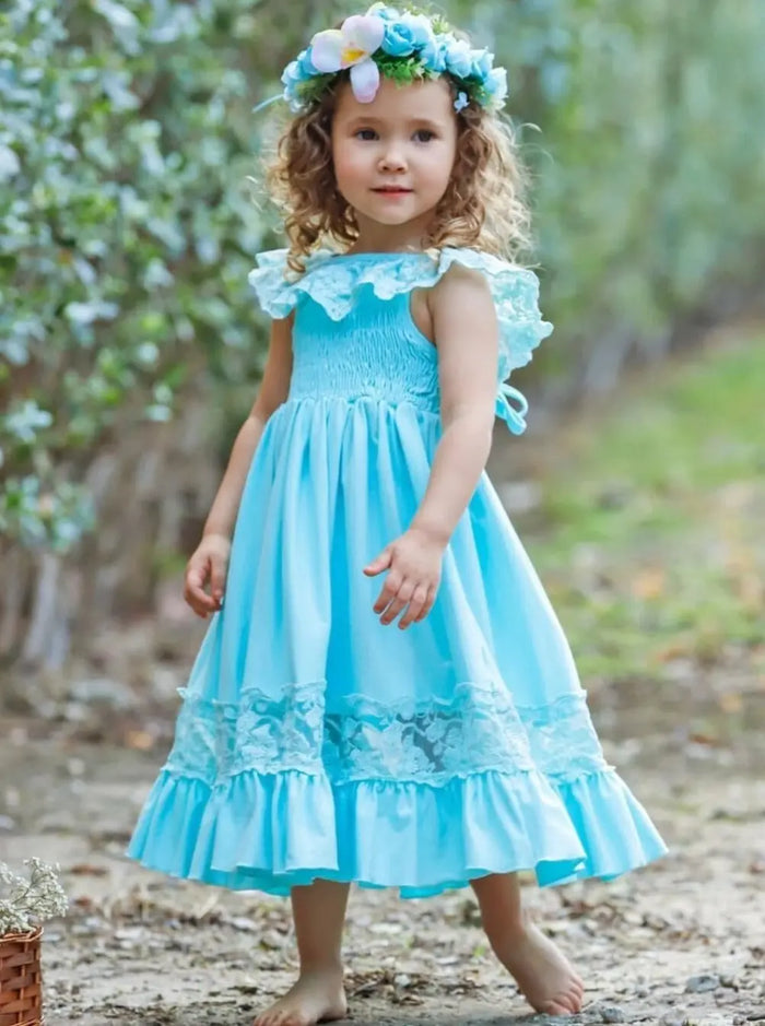 Cute Toddler Outfit | Girls Spring Smocked Lace Ruffled Maxi Dress