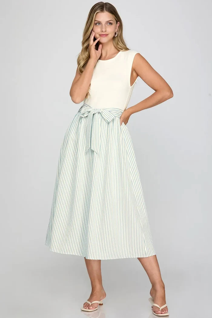 Striped Tiered Midi Dress with Waist Tie