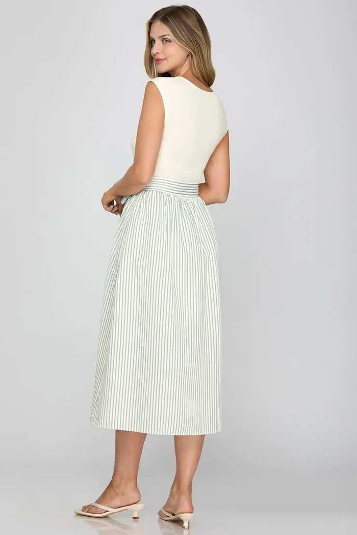 Striped Tiered Midi Dress with Waist Tie