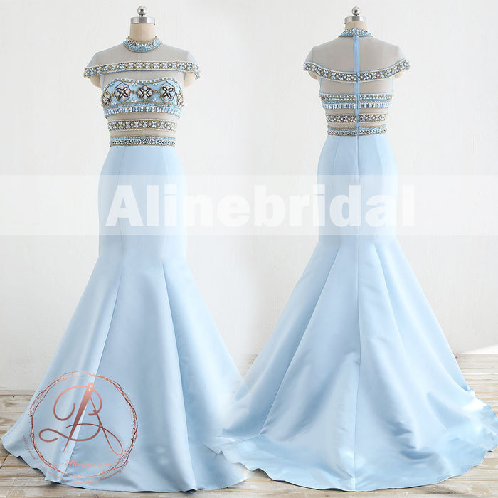 Stunning Pale Blue  Beaded See Through Top Cap Sleeve Mermaid Prom Dresses,PD00066