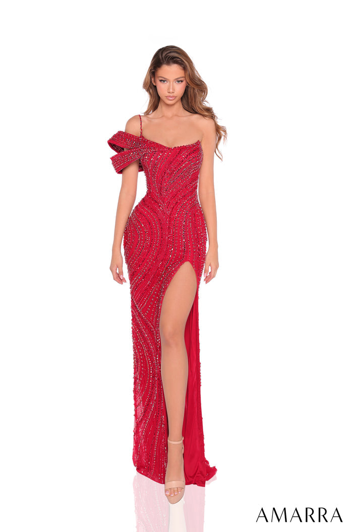 A woman wears a long red sequined gown with an off-shoulder design, high slit, and sparkling embellishments.