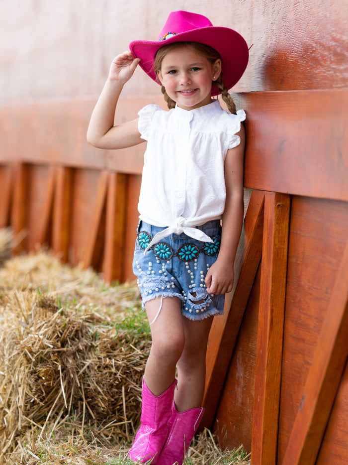 Toddler Spring Outfits | Girls Knot Hem Top & Pearled Denim Shorts Set