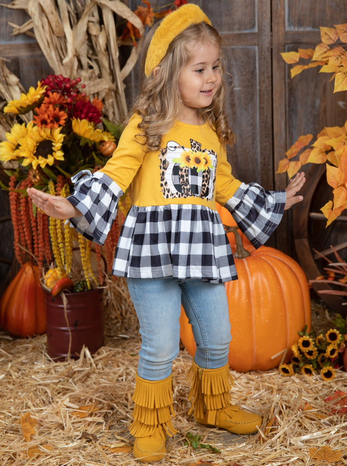 Cute Fall Tops For Kids | Girls Sunflower Pumpkin Plaid Ruffle Tunic