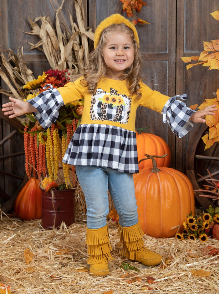 Cute Fall Tops For Kids | Girls Sunflower Pumpkin Plaid Ruffle Tunic