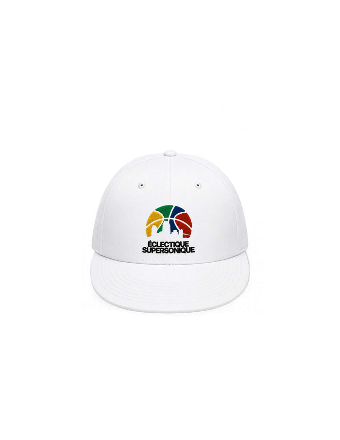 Super Sonique baseball cap featuring colorful embroidery on a structured white cotton body.