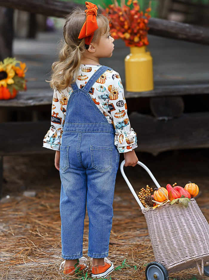 Girls Fall Outfits | Pumpkin Top & Patched Overalls Set - Mia Belle Girls