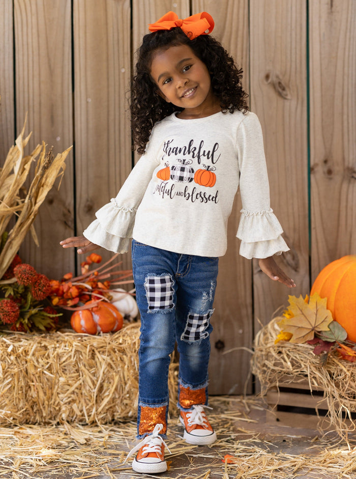 Grateful Ruffle Top & Sequin Cuffed Patched Jeans Set -Mia Belle Girls