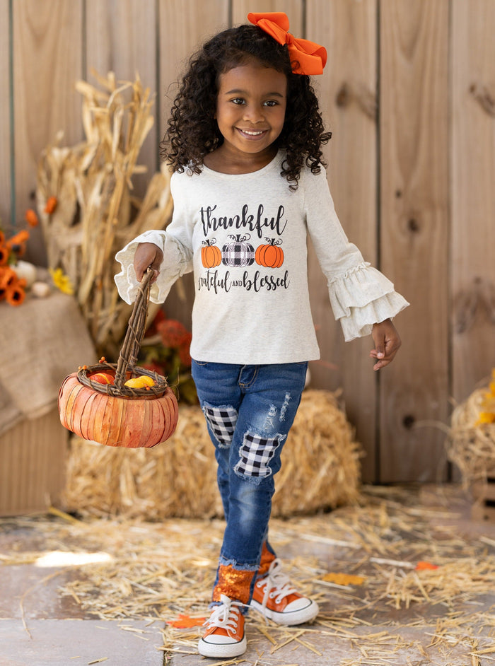 Grateful Ruffle Top & Sequin Cuffed Patched Jeans Set -Mia Belle Girls