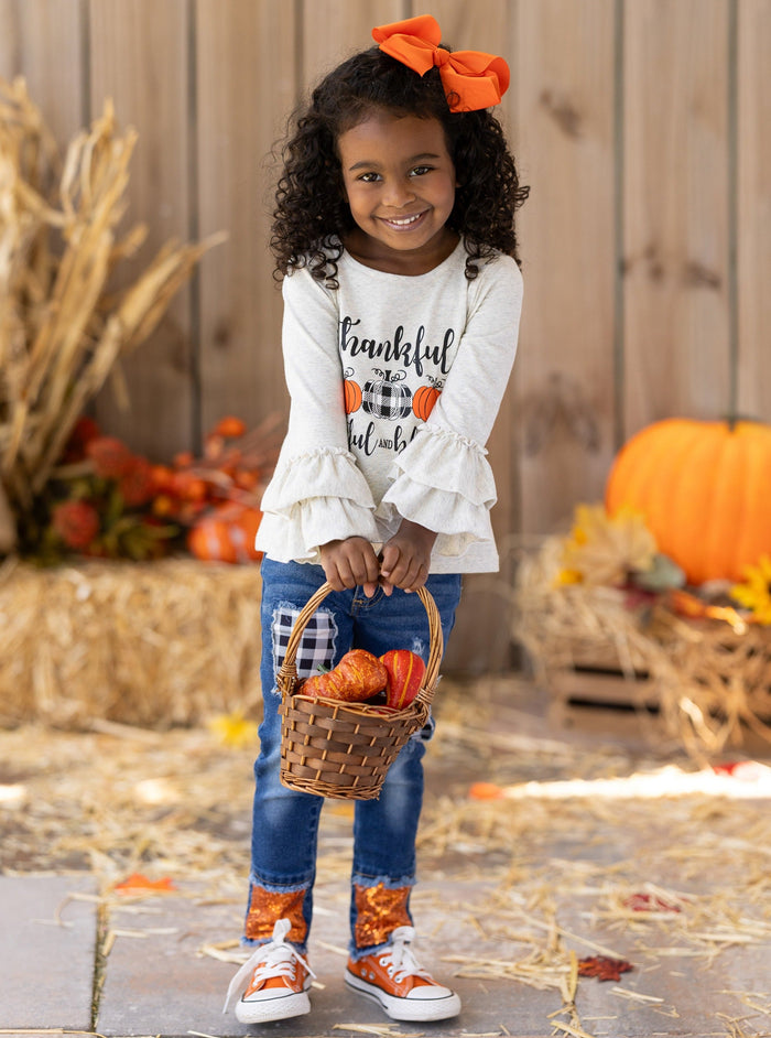 Grateful Ruffle Top & Sequin Cuffed Patched Jeans Set -Mia Belle Girls