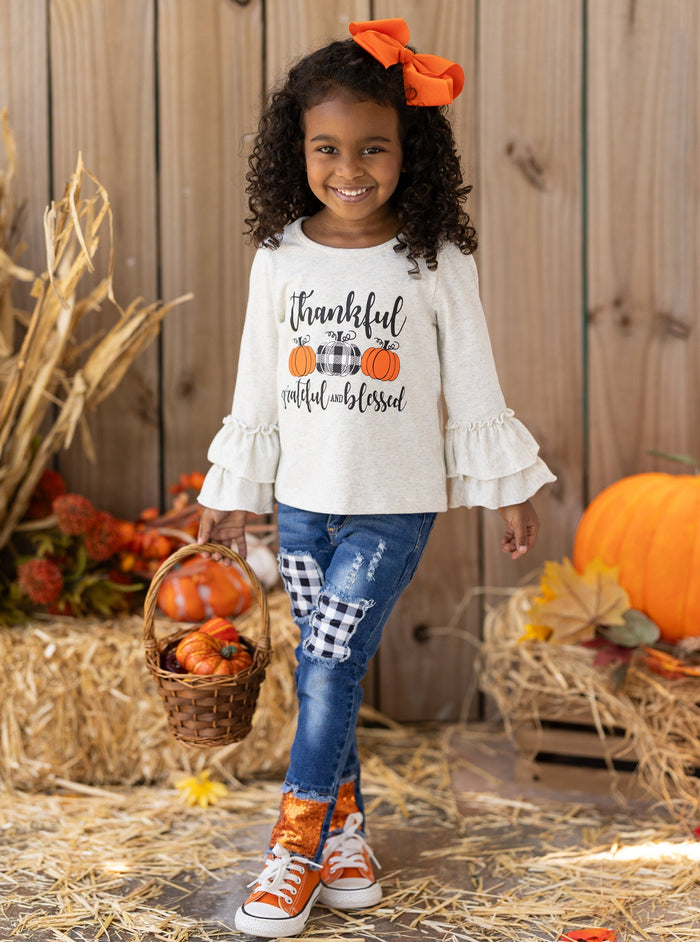 Grateful Ruffle Top & Sequin Cuffed Patched Jeans Set -Mia Belle Girls