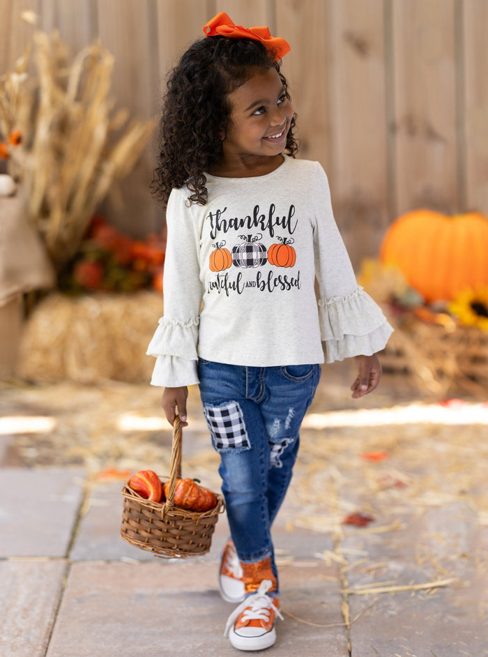 Grateful Ruffle Top & Sequin Cuffed Patched Jeans Set -Mia Belle Girls