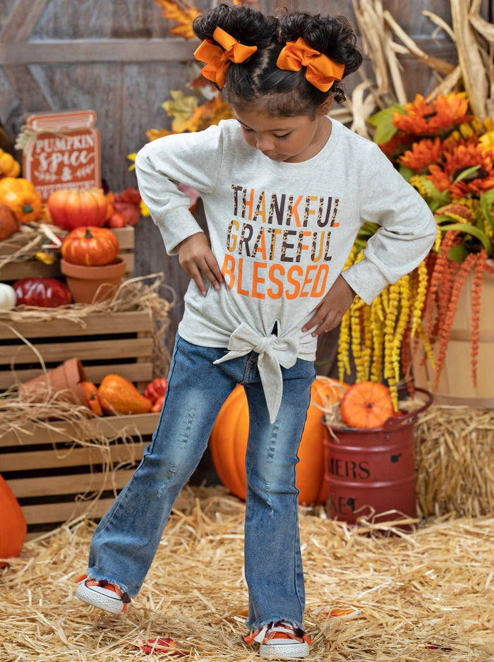 Thankful Knot Hem Pullover & Tassel Bell Bottom Jeans Set -Mia Belle Girls