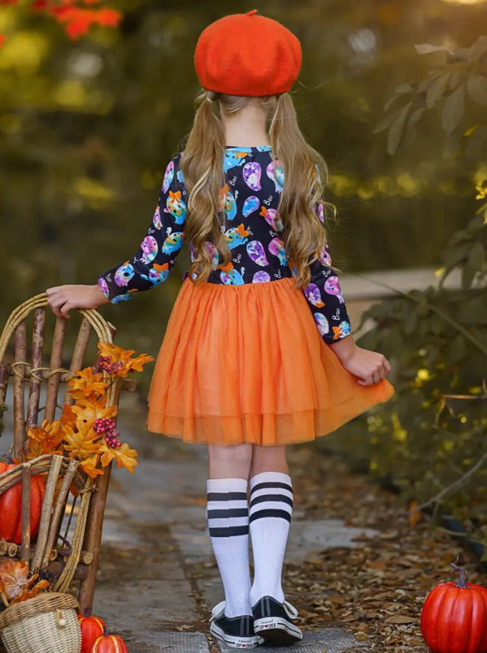 Girls long-sleeve tutu dress with tie-dye ghost print bodice, gathered tulle skirt, and embellished with a ribbon bow - Mia Belle Girls