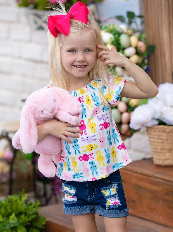 Girls The Bunny Crew Top and Denim Shorts with Sash Set