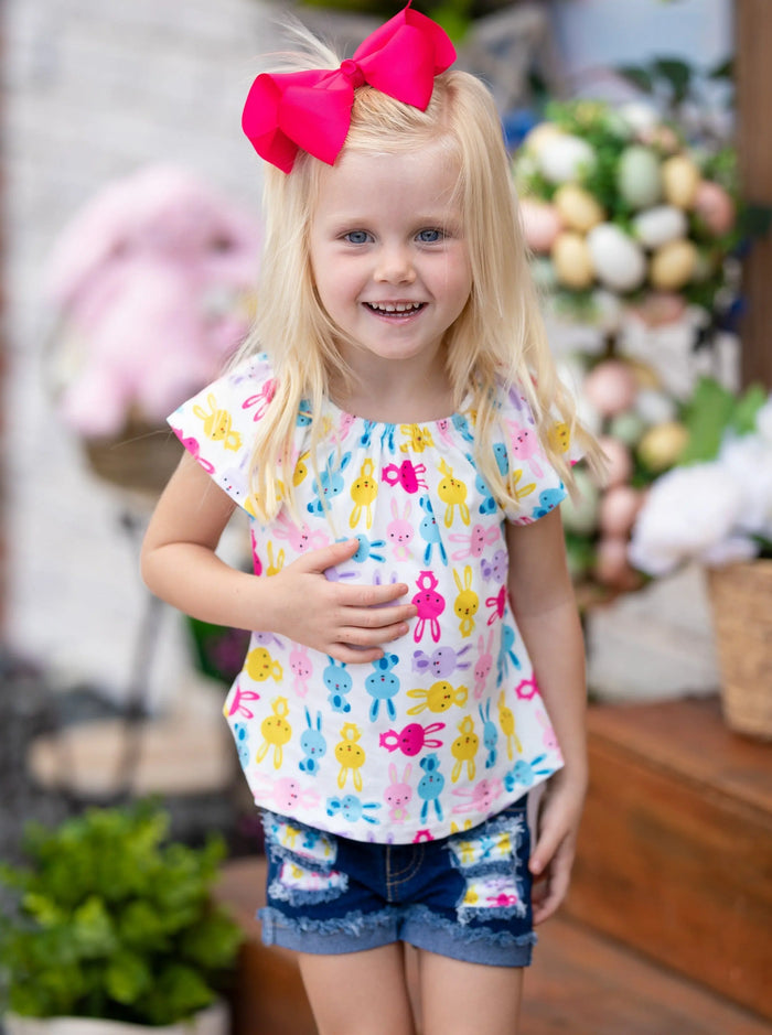 Girls The Bunny Crew Top and Denim Shorts with Sash Set