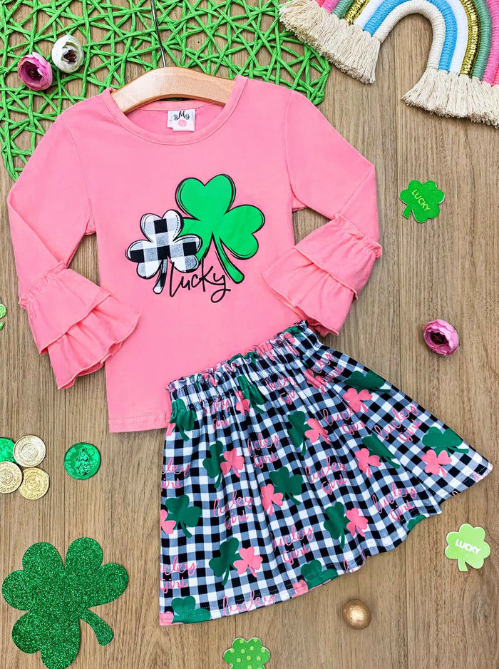 St. Patrick's Day Clothes | Girls Ruffled Top & Plaid Clover Skirt Set