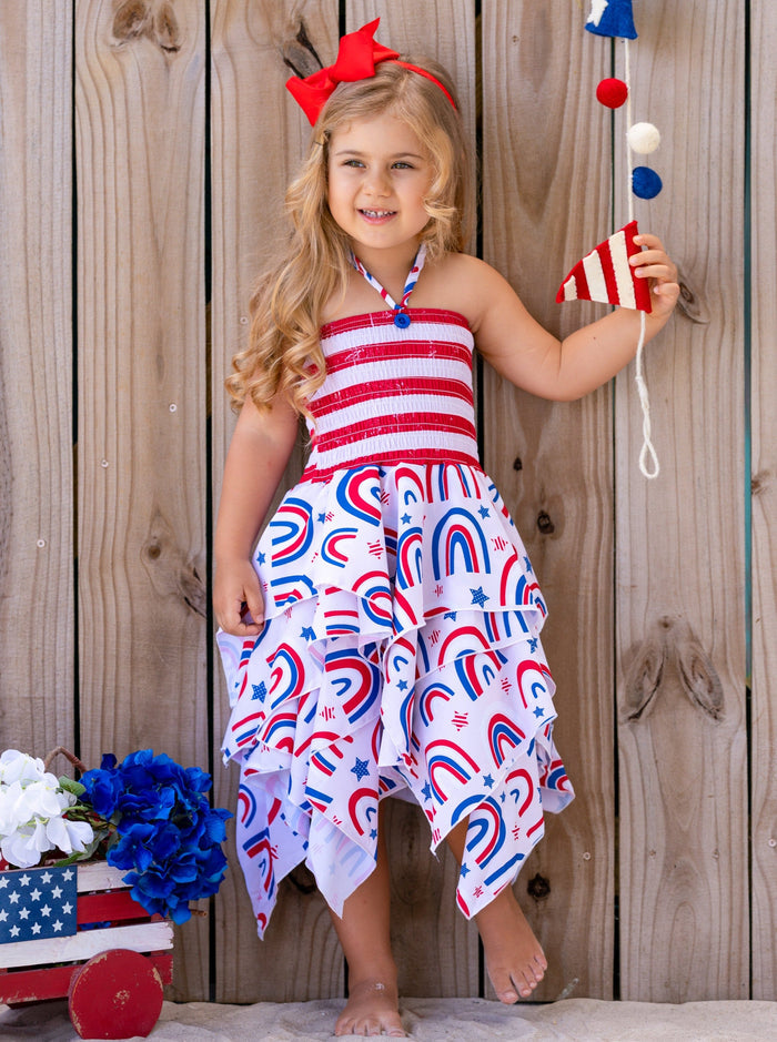 Girls 4th of July Outfits | US Themed Smocked Top Handkerchief Dress