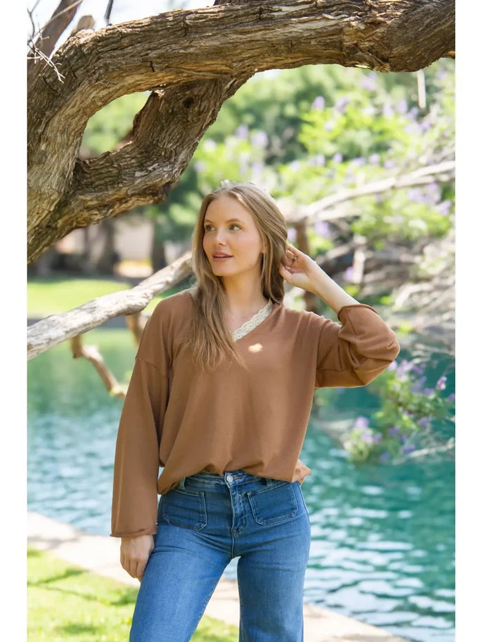 V-Neck Top with Lace Trim | 3 Colors Available