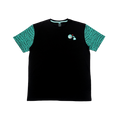 Black t-shirt with turquoise scale patterned sleeves and white design on the back