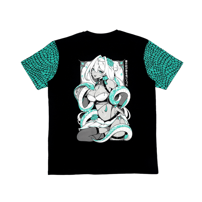 Black t-shirt with turquoise scale patterned sleeves and unique design on the back