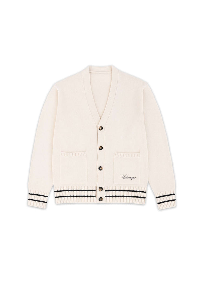 White v neck cardigan in Vanilla Ice front flat lay