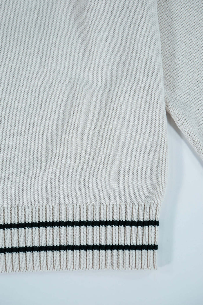 White v neck cardigan Vanilla Ice ribbed hem with black stripe detail