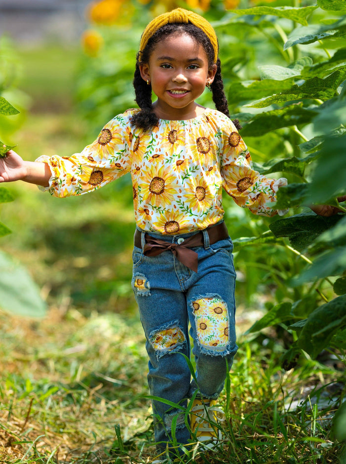 Toddler Fall Outfits | Girls Sunflower Blouse & Patched Jeans Set
