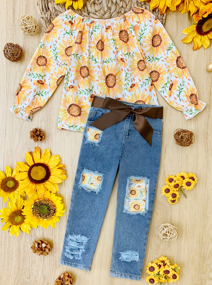 Toddler Fall Outfits | Girls Sunflower Blouse & Patched Jeans Set