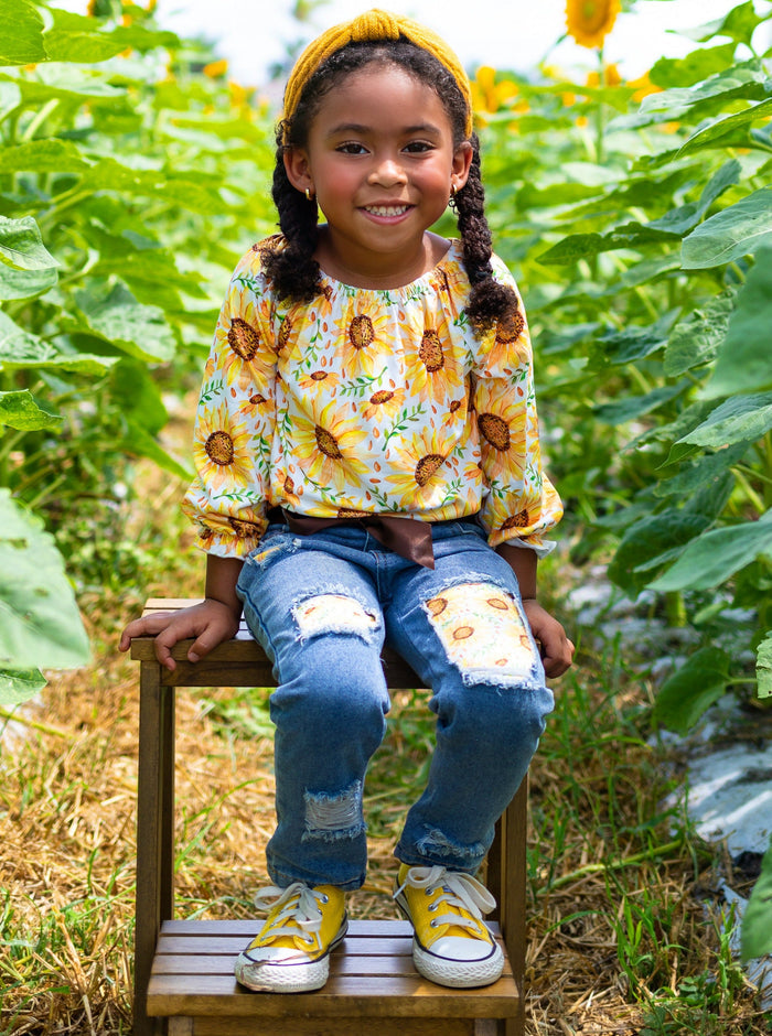 Toddler Fall Outfits | Girls Sunflower Blouse & Patched Jeans Set